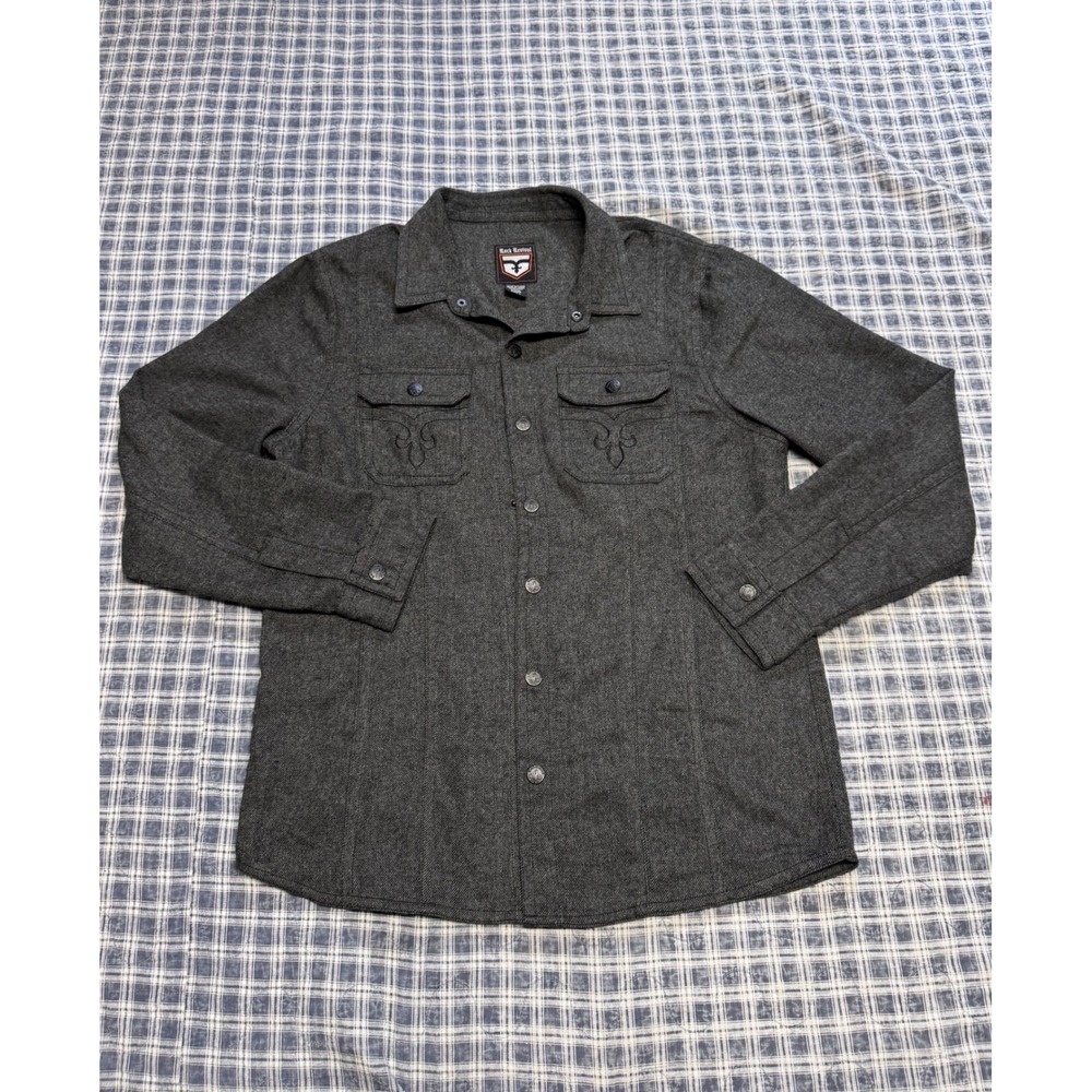 Rock Revival Grey Embroidered Fleur De Lis Button Down Shirt Heavy Flannel L